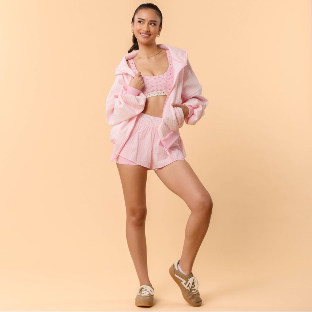 NWT Blogilates Marshmallow Full Zip Hooded Sweatshirt-Pink Gingham Size M - Picture 2 of 9